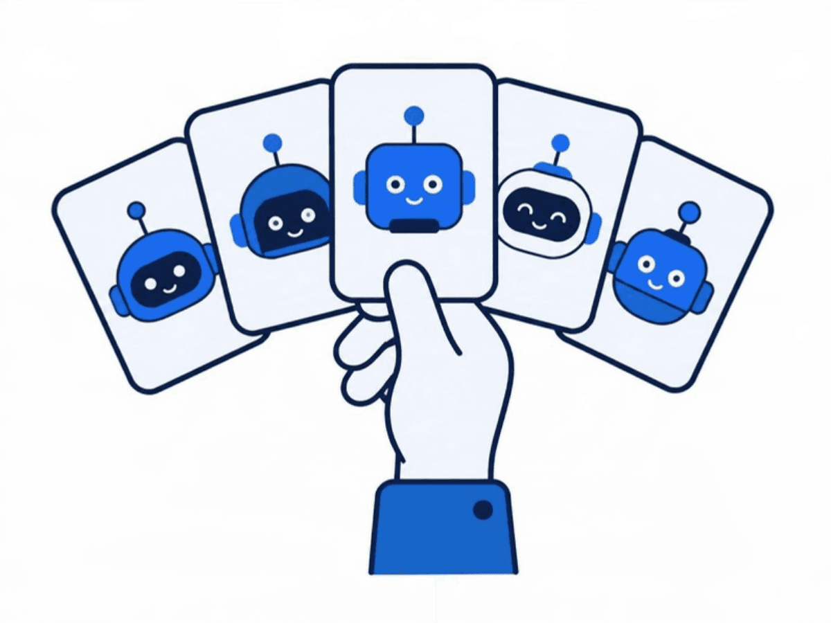 Illustration: a hand holding a fan of cards, each showing a different friendly robot