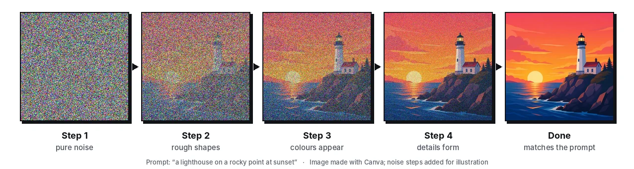 Five squares left to right: pure random noise gradually becoming a clear picture of a lighthouse at sunset